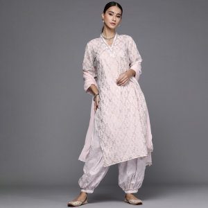 Women Pink & Gold-Toned Ethnic Printed Pure Cotton Kurta with Salwar & With Dupatta